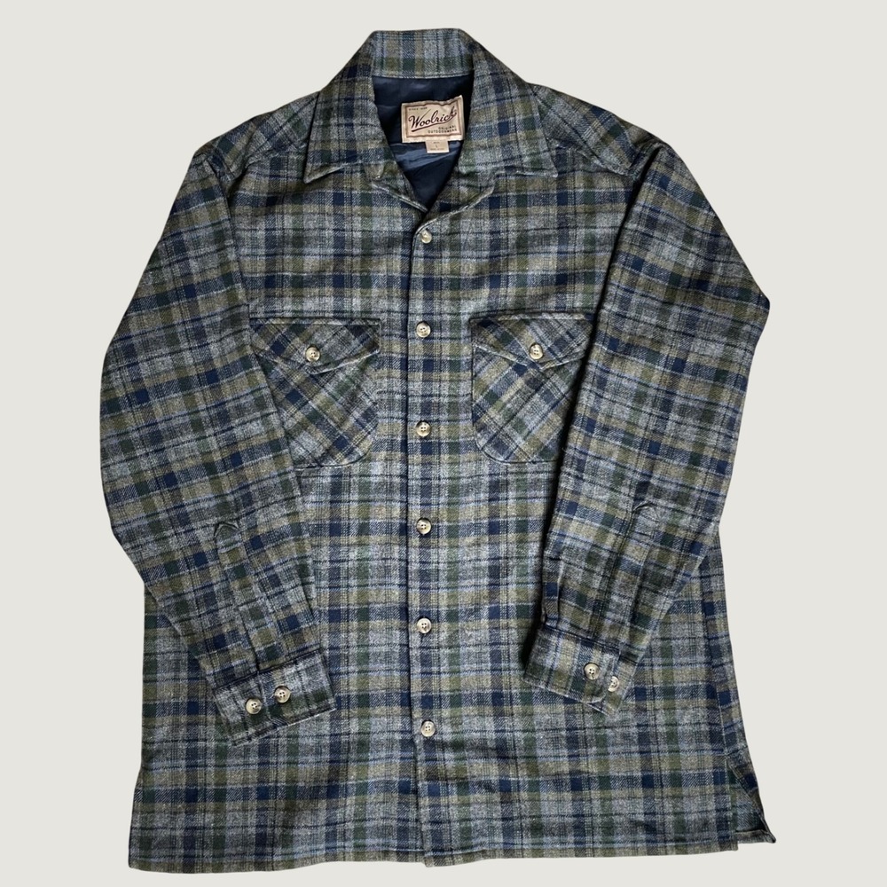 Vintage 80s Woolrich Gray Blue Plaid Long-Sleeve Flannel Jacket Lumberjack